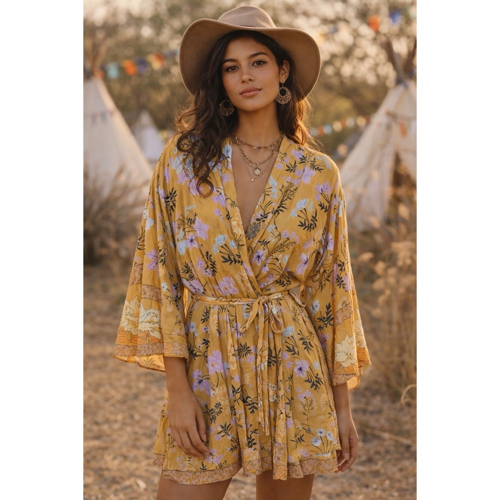 World Market Floral Kimono Wrap Dress Boho Mustard Yellow‎ Belted Resort Boho